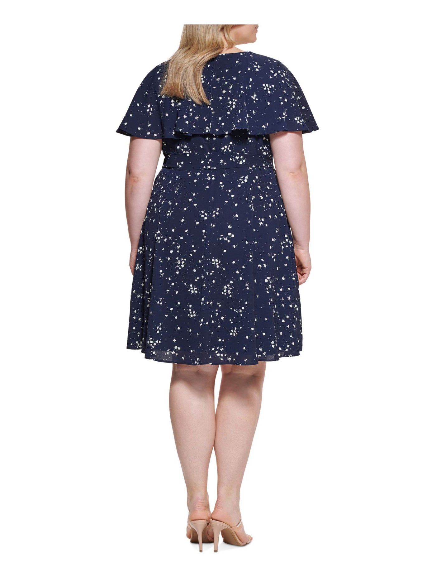 DKNY Womens Navy Zippered Textured Tie Belt Ruffled Sheer Lined Floral Flutter Sleeve V Neck Above The Knee Fit + Flare Dress Plus 16W