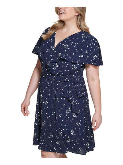 DKNY Womens Navy Zippered Textured Tie Belt Ruffled Sheer Lined Floral Flutter Sleeve V Neck Above The Knee Fit + Flare Dress 22W