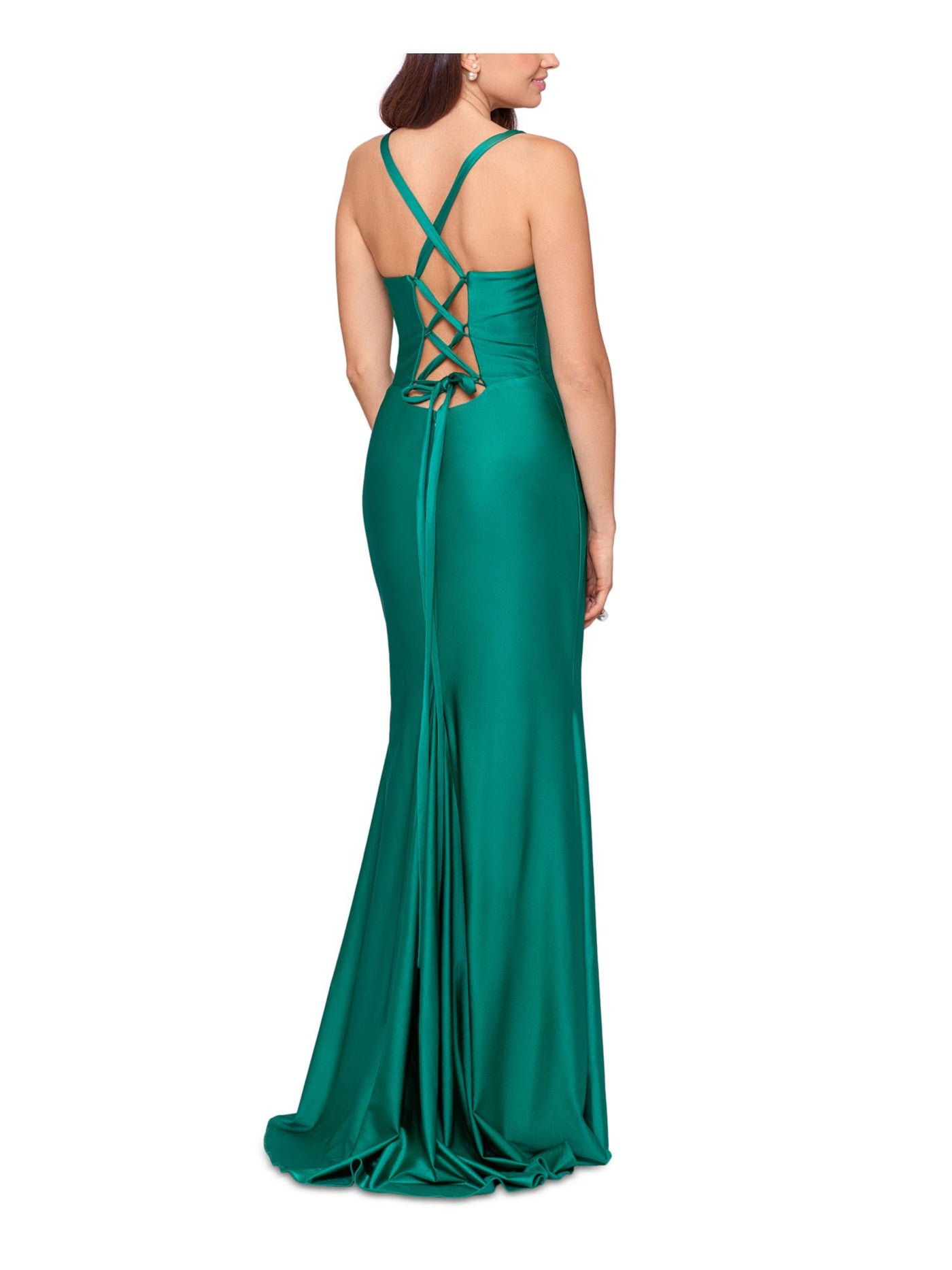XSCAPE Womens Green Zippered Lined Lace-up Back Sleeveless Scoop Neck Full-Length Formal Gown Dress 2