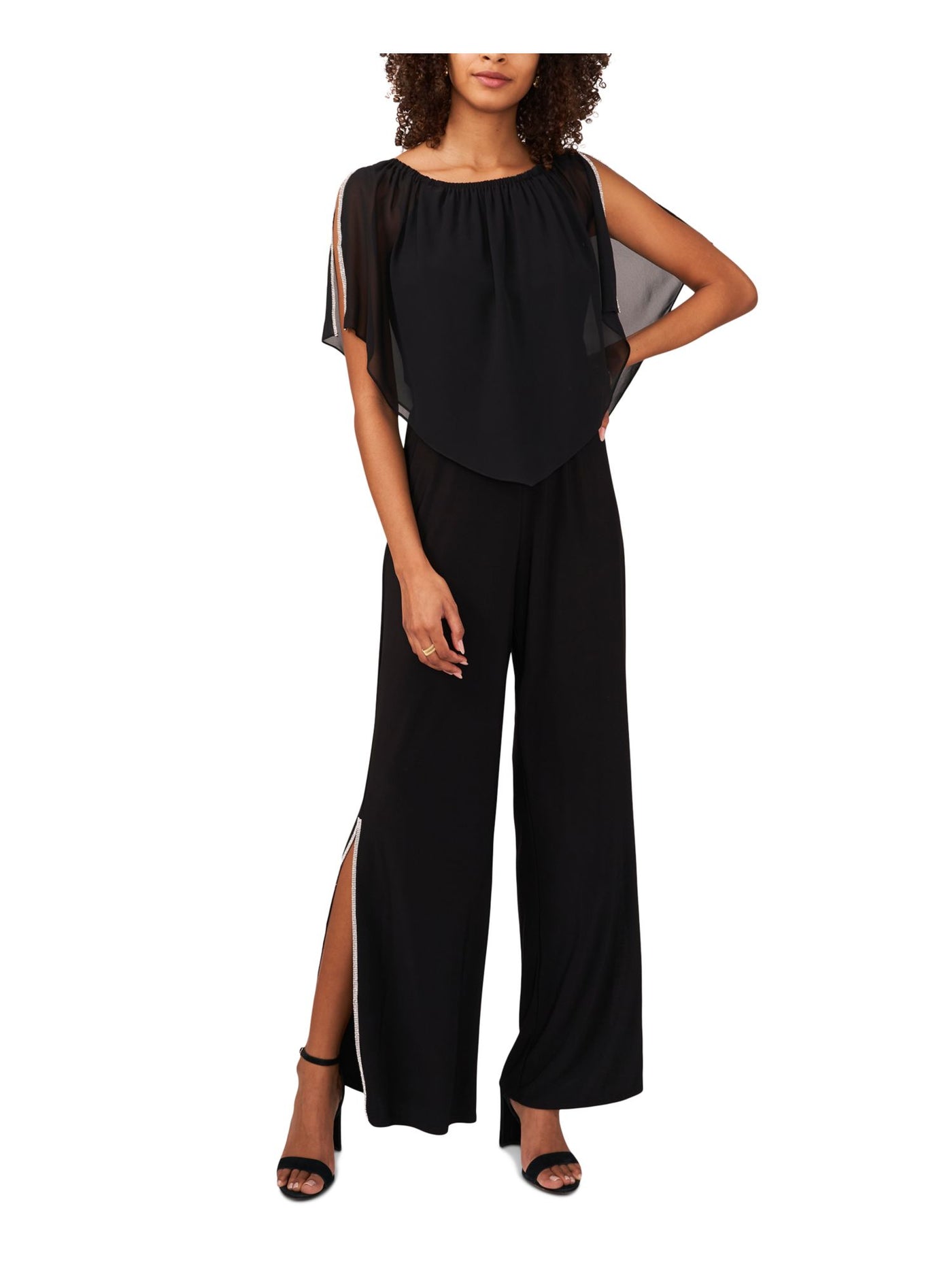 MSK Womens Navy Embellished Elastic Band Slit Sleeve And Pan Flutter Sleeve Boat Neck Cocktail Flare Jumpsuit L