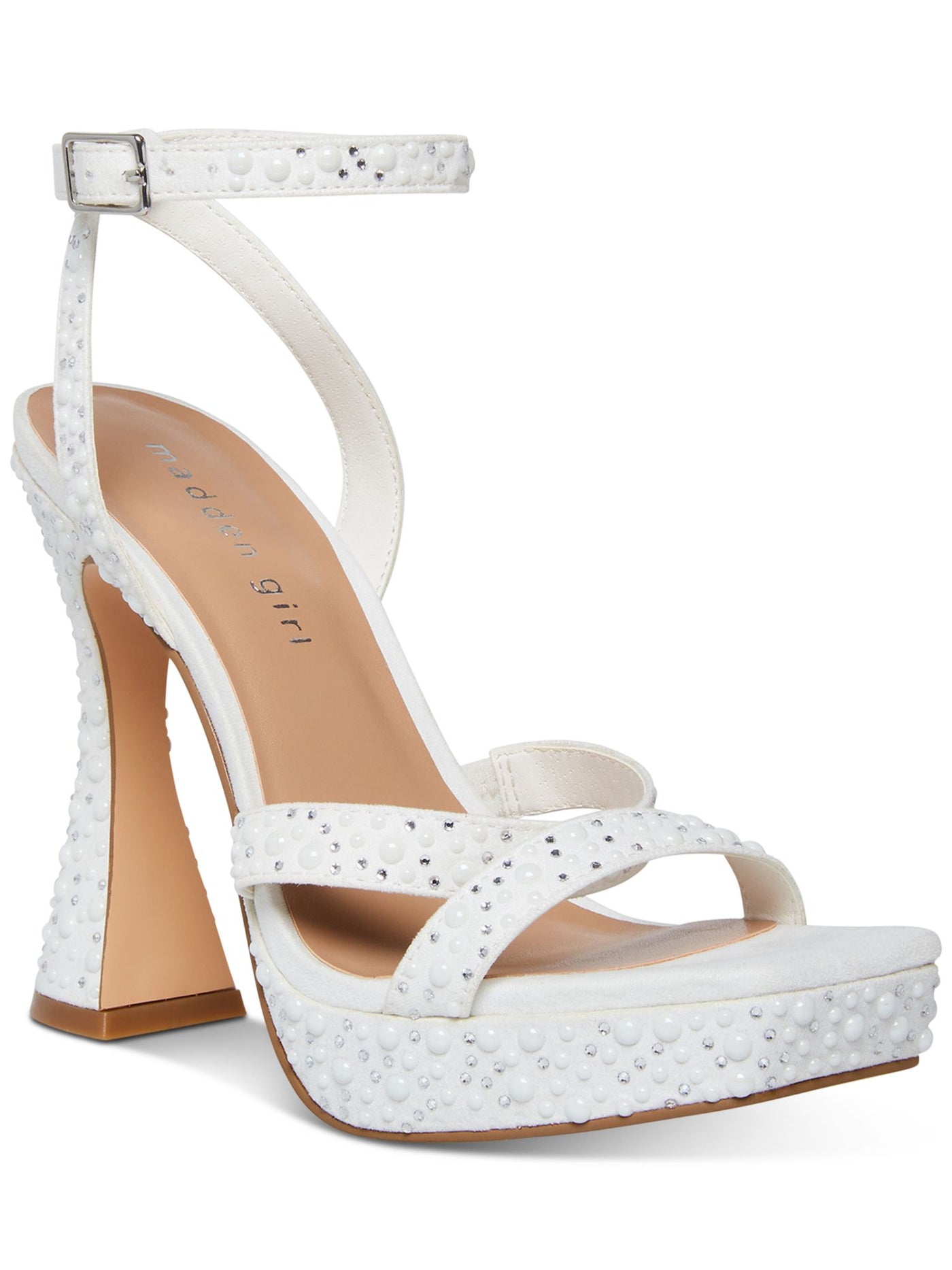 MADDEN GIRL Womens White Padded Embellished 1" Platform Adjustable Ankle Strap Zanee Square Toe Flare Buckle Heeled Sandal 5.5 M