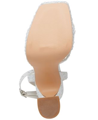 MADDEN GIRL Womens White Padded Embellished 1" Platform Adjustable Ankle Strap Zanee Square Toe Flare Buckle Heeled M