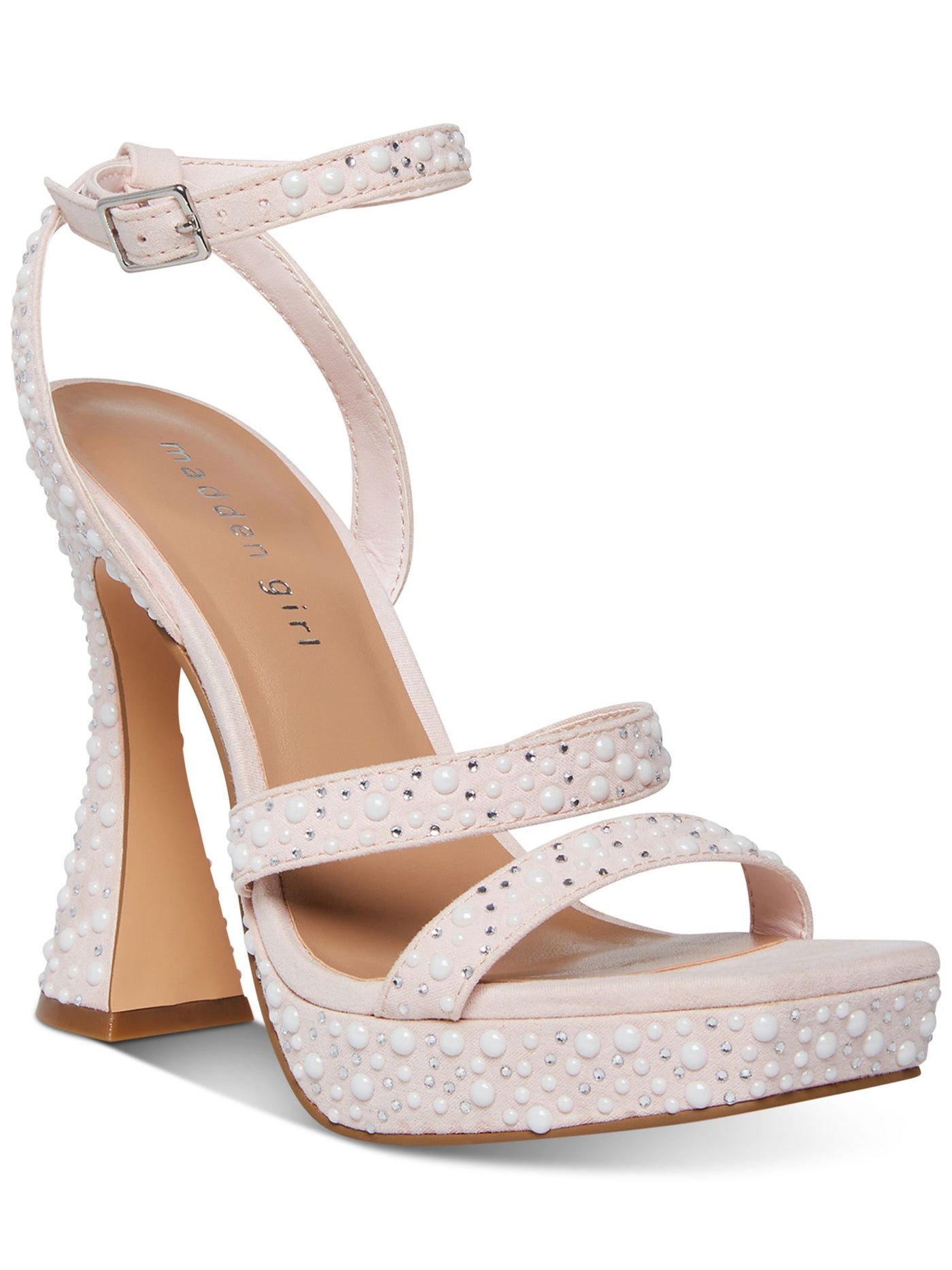 MADDEN GIRL Womens Pink Padded Embellished 1" Platform Adjustable Strap Ankle Strap Zanee Square Toe Flare Buckle Heeled Sandal 7.5