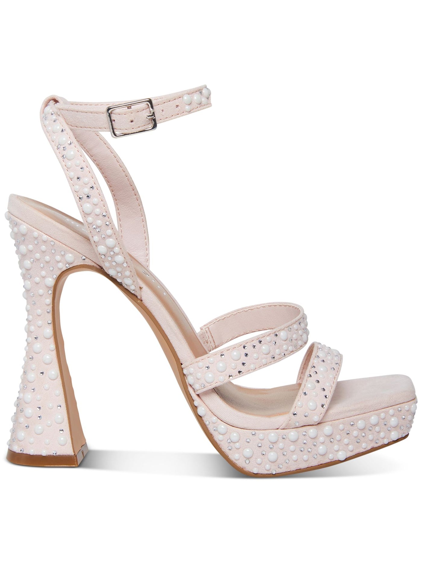 MADDEN GIRL Womens Pink Padded Embellished 1" Platform Adjustable Strap Ankle Strap Zanee Square Toe Flare Buckle Heeled Sandal 7.5