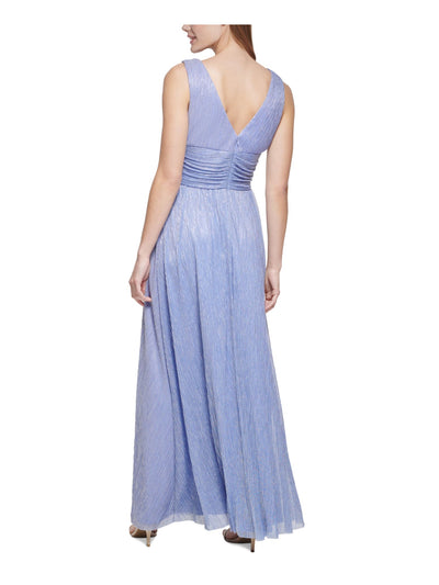 ELIZA J Womens Light Blue Metallic Textured Lined Rhinestone Bow Detail Sleeveless Surplice Neckline Full-Length Evening Gown Dress Petites 0P