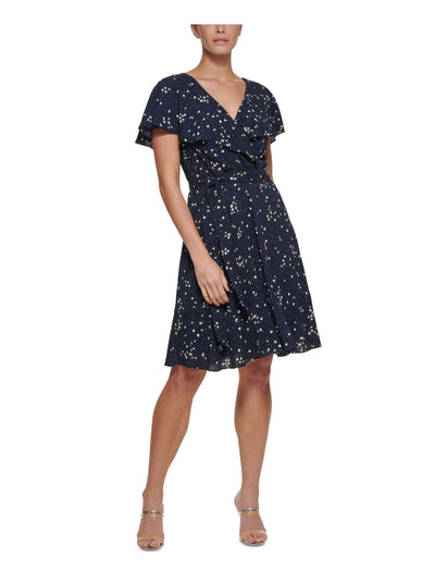 DKNY Womens Navy Zippered Belted Ruffled Hem Lined Floral Flutter Sleeve V Neck Above The Knee Wear To Work Fit + Flare Dress Petites 0P