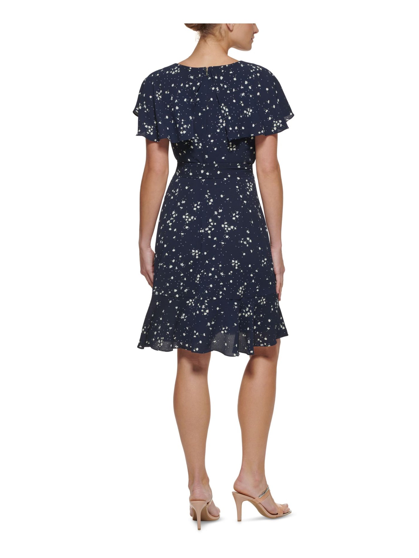 DKNY Womens Navy Zippered Belted Ruffled Hem Lined Floral Flutter Sleeve V Neck Above The Knee Wear To Work Fit + Flare Dress Petites 0P