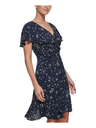 DKNY Womens Navy Zippered Belted Ruffled Hem Lined Floral Flutter Sleeve V Neck Above The Knee Wear To Work Fit + Flare Dress Petites 0P
