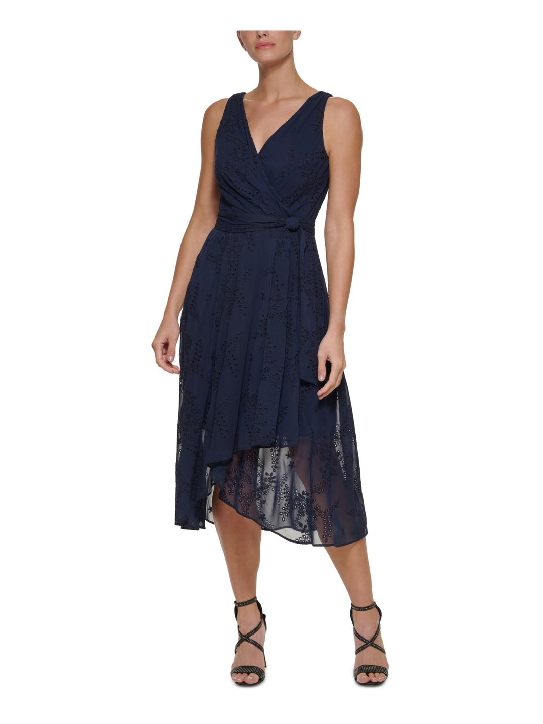 DKNY Womens Zippered Sleeveless V Neck Tea-Length Faux Wrap Dress – Bobbi + Bricka