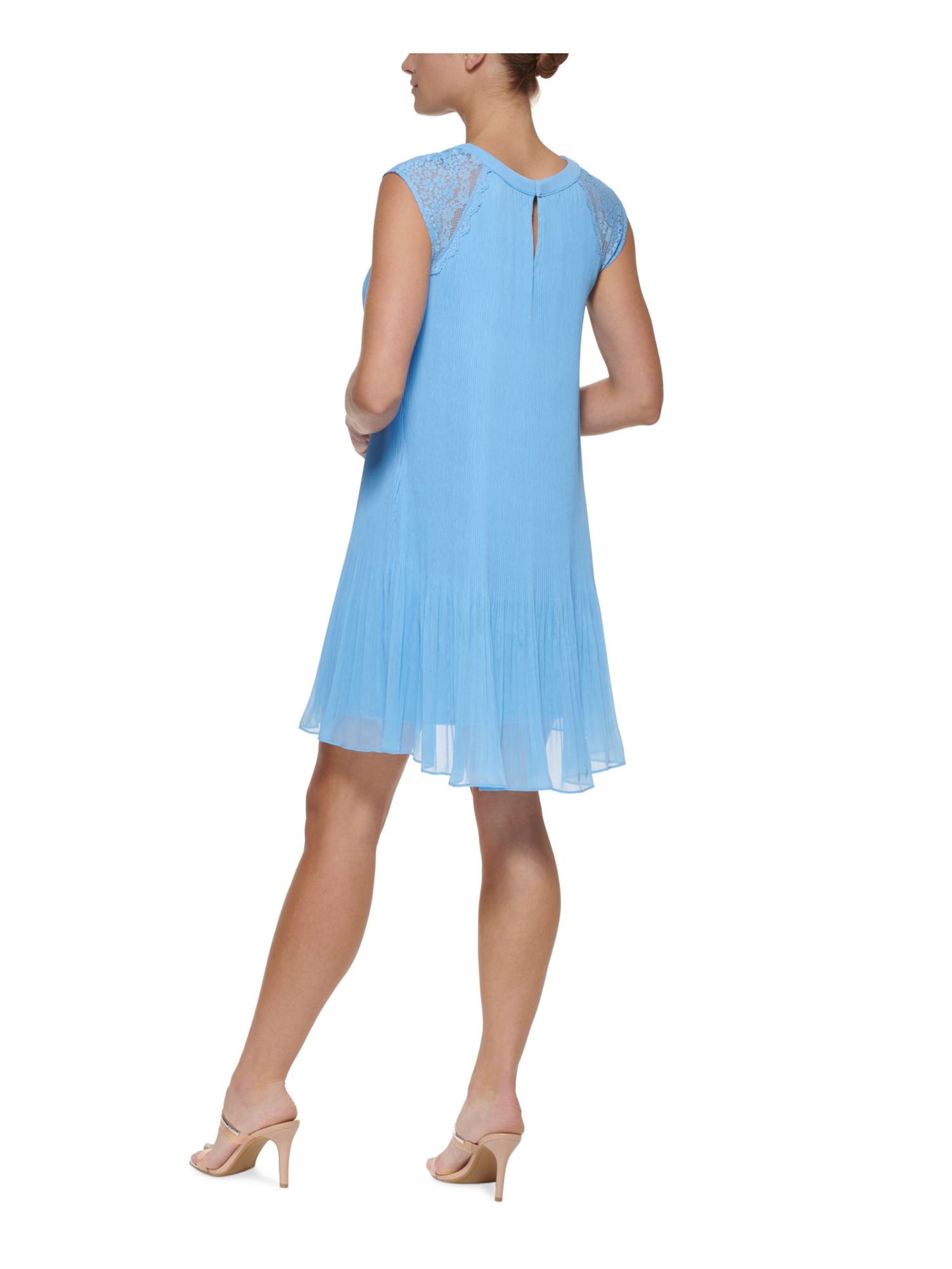 DKNY Womens Light Blue Pleated Keyhole Back Lined Cap Sleeve Crew Neck Short Party Shift Dress Petites 8P