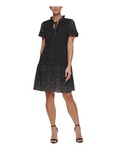 DKNY Womens Black Ruffled Lined Tie Neck Tiered Skirt Polka Dot Short Sleeve V Neck Above The Knee Fit + Flare Dress Petites 10P