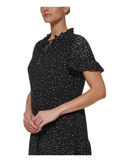 DKNY Womens Black Ruffled Lined Tie Neck Tiered Skirt Polka Dot Short Sleeve V Neck Above The Knee Fit + Flare Dress Petites 10P