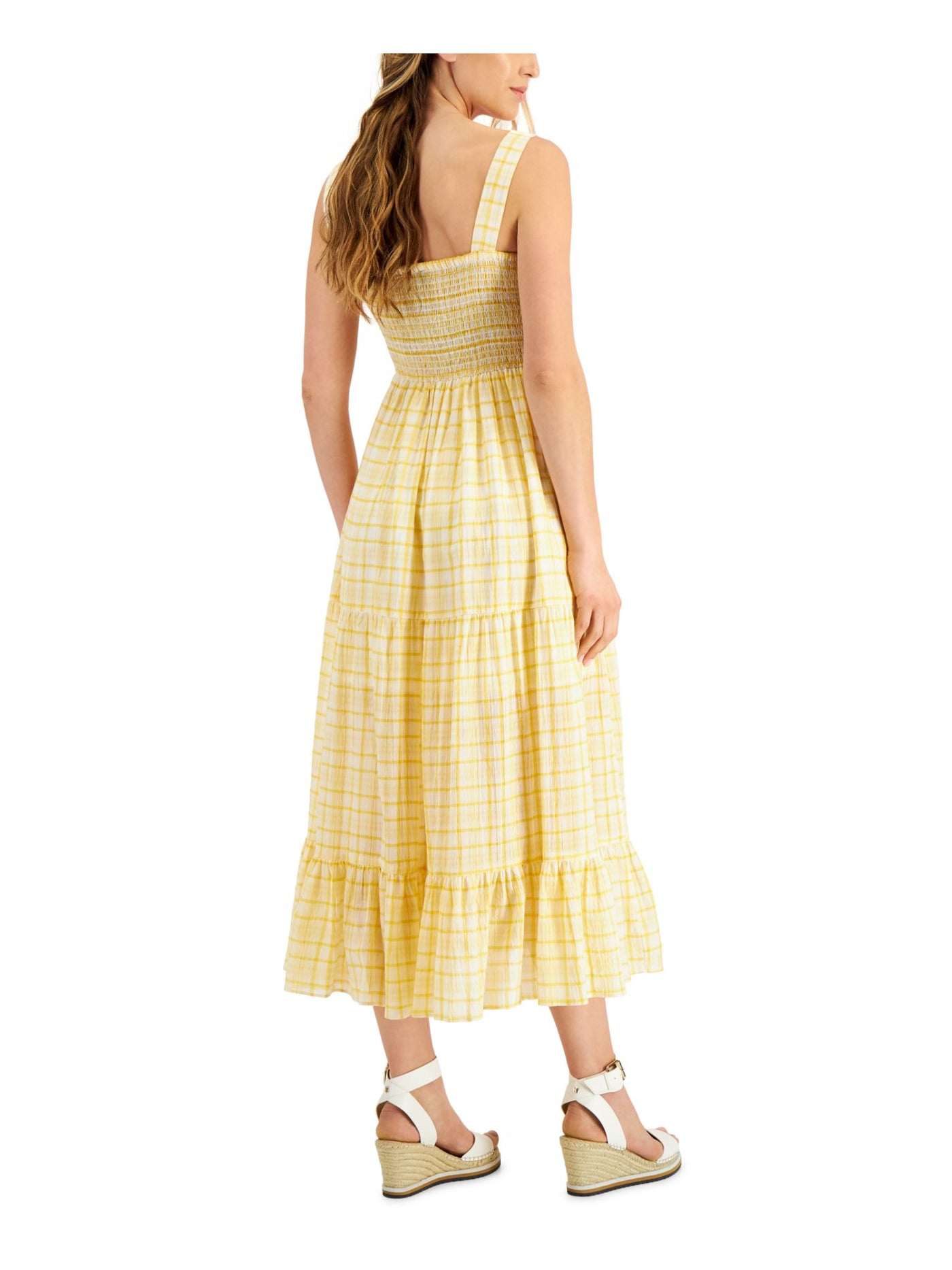 TOMMY HILFIGER Womens Yellow Smocked Pullover Tiered Skirt Lined Plaid Sleeveless Square Neck Midi Fit + Flare Dress XS
