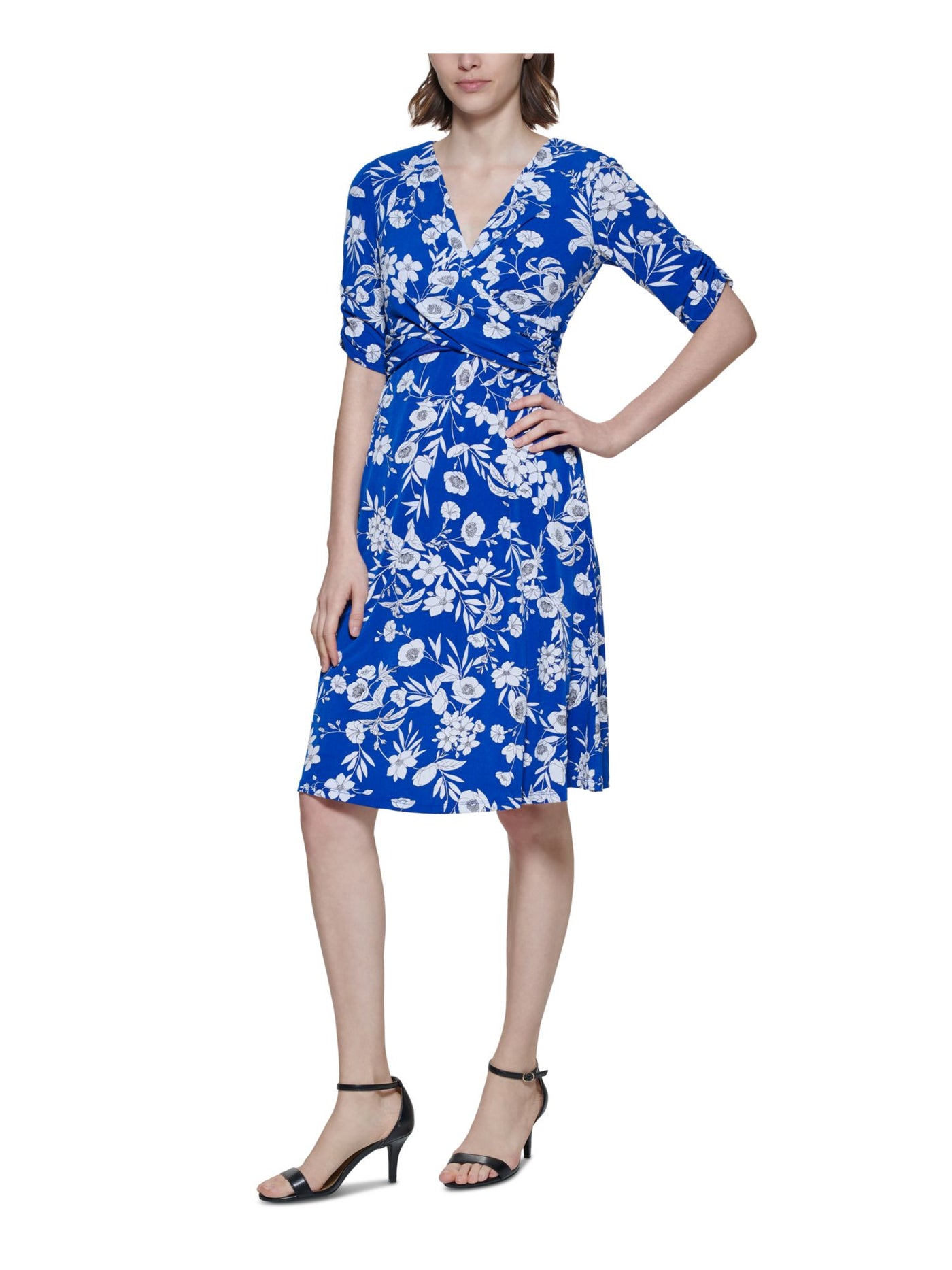JESSICA HOWARD Womens Blue Floral Elbow Sleeve Surplice Neckline Knee Length Wear To Work A-Line Dress Petites 4P