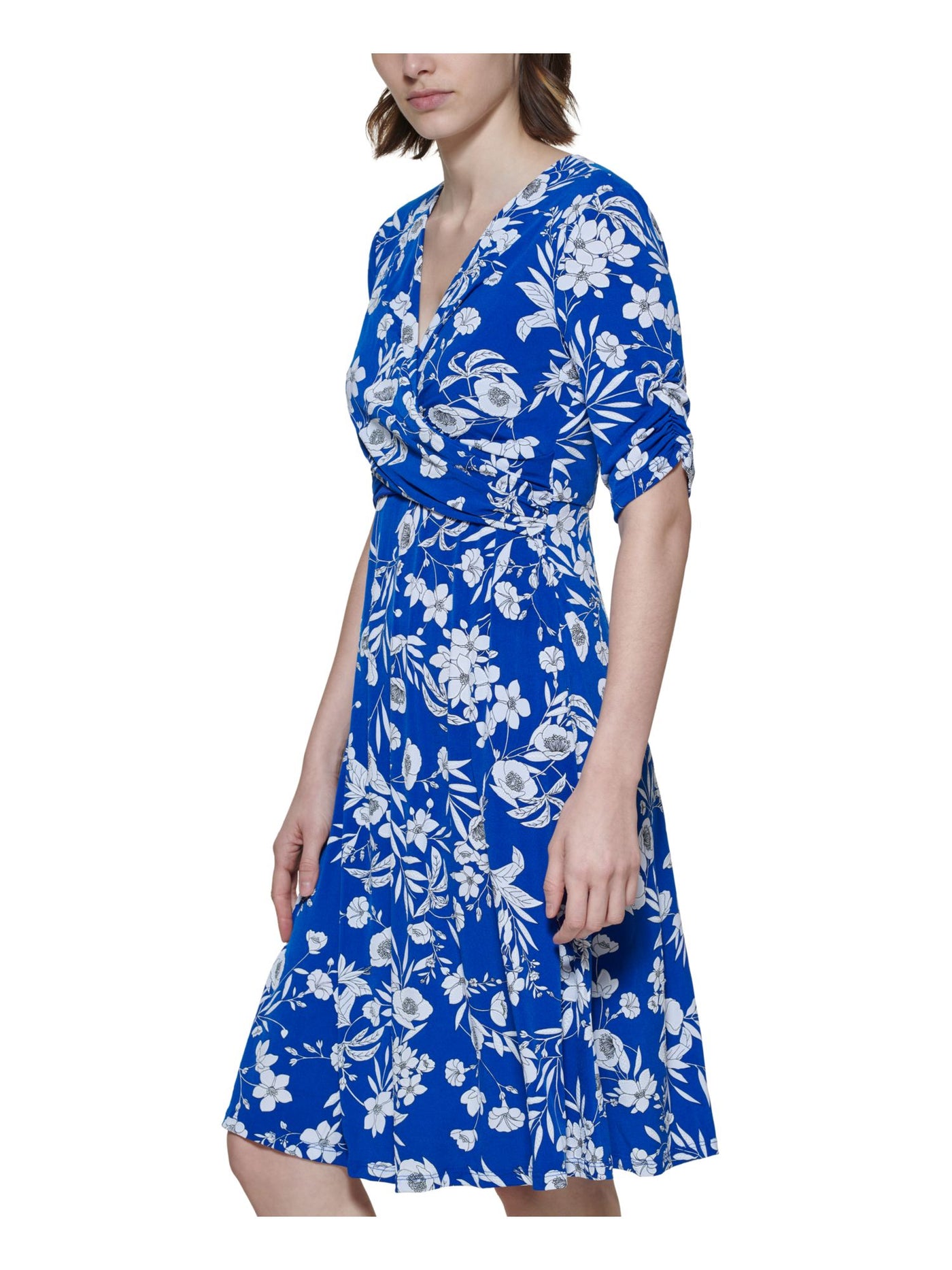 JESSICA HOWARD Womens Blue Floral Elbow Sleeve Surplice Neckline Knee Length Wear To Work A-Line Dress Petites 4P
