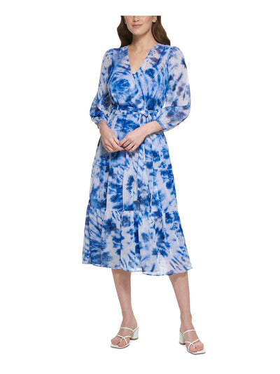 CALVIN KLEIN Womens Blue Zippered Belted Tiered Ruffled Skirt Tie Dye Blouson Sleeve Surplice Neckline Midi Wear To Work Fit + Flare Dress 2