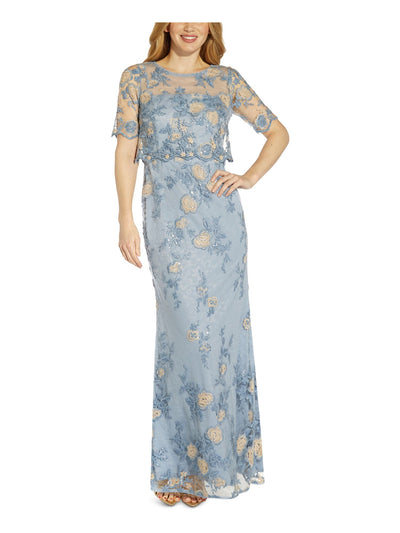 ADRIANNA PAPELL Womens Light Blue Embroidered Zippered Slit Lined Sequined Scalloped Floral Short Sleeve Round Neck Full-Length Evening Gown Dress 4