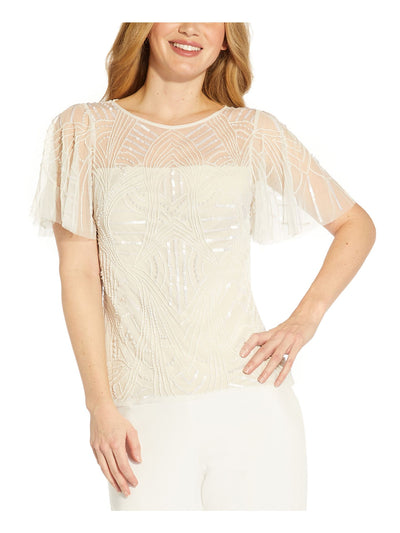 ADRIANNA PAPELL Womens White Embellished Zippered Sheer Lined Flutter Sleeve Boat Neck Evening Top 14