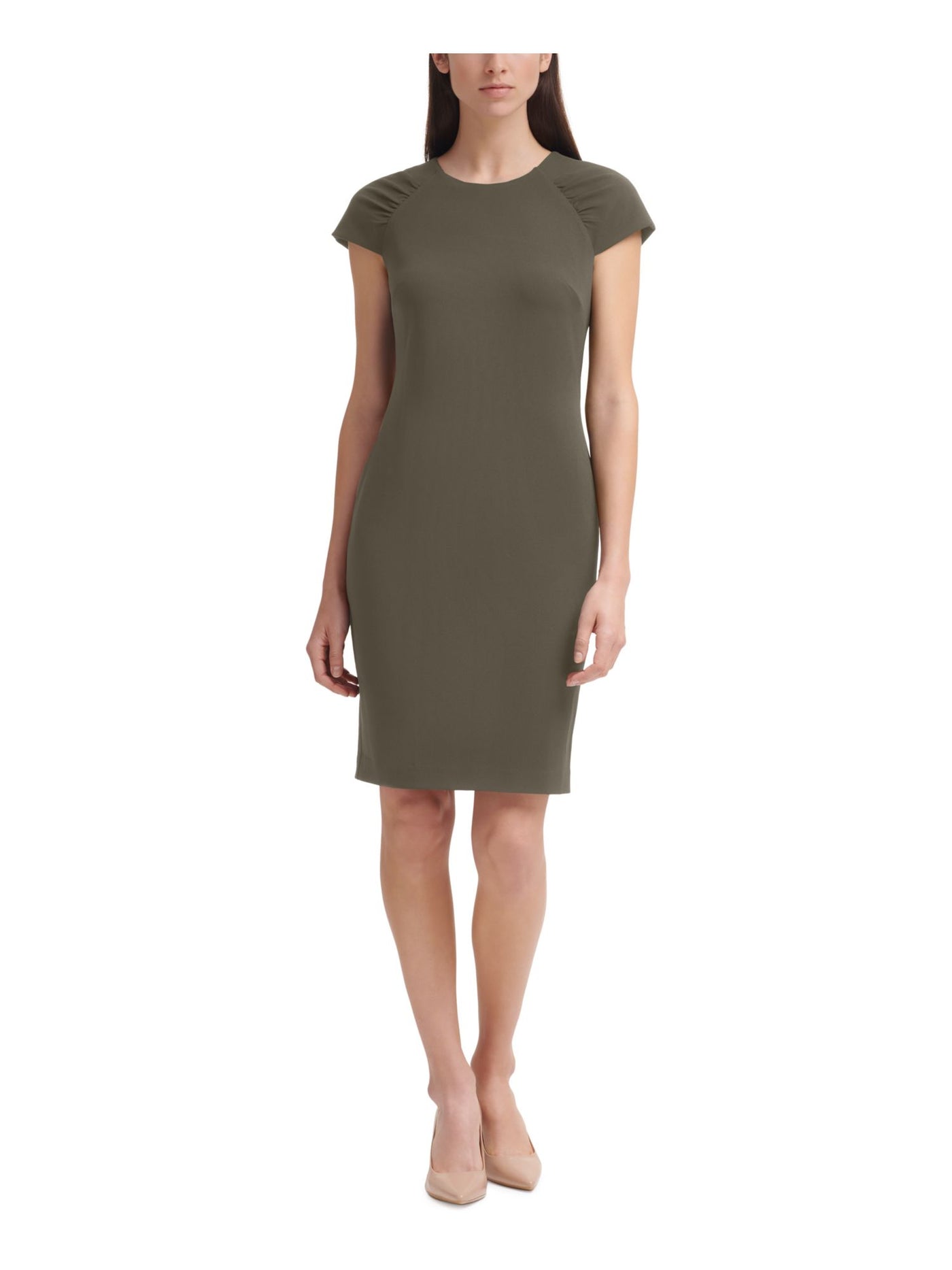 CALVIN KLEIN Womens Green Zippered Ruched Darted Unlined Cap Sleeve Round Neck Above The Knee Wear To Work Sheath Dress 2