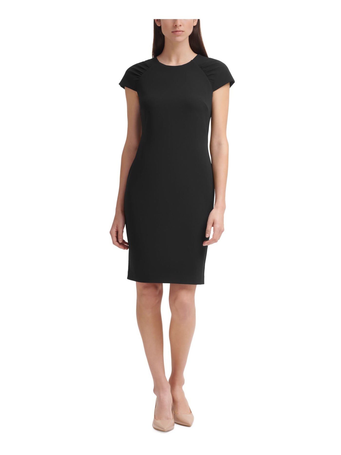 CALVIN KLEIN Womens Black Zippered Ruched Darted Unlined Cap Sleeve Round Neck Above The Knee Wear To Work Sheath Dress 6