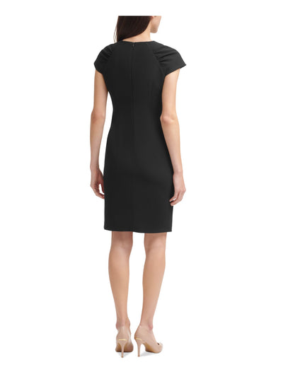 CALVIN KLEIN Womens Black Zippered Ruched Darted Unlined Cap Sleeve Round Neck Above The Knee Wear To Work Sheath Dress 6