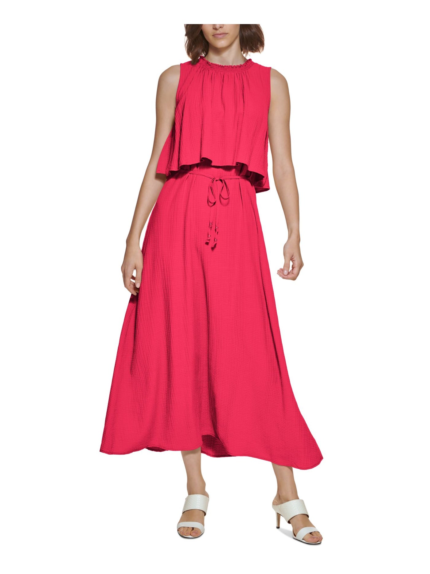 CALVIN KLEIN Womens Pink Smocked Belted Keyhole Back Popover Sleeveless Round Neck Maxi Wear To Work Fit + Flare Dress 10
