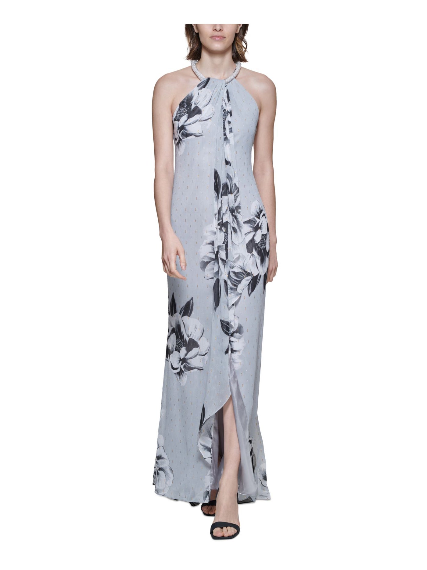 CALVIN KLEIN Womens Gray Twist Front Ruffled Tulip Hem Beaded Liined Floral Sleeveless Round Neck Full-Length Formal Gown Dress 12