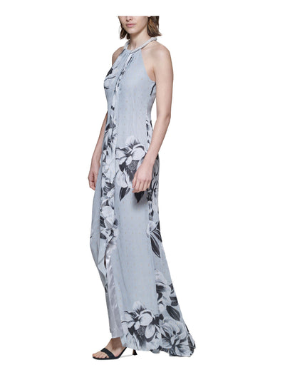 CALVIN KLEIN Womens Gray Twist Front Ruffled Tulip Hem Beaded Liined Floral Sleeveless Round Neck Full-Length Formal Gown Dress 10