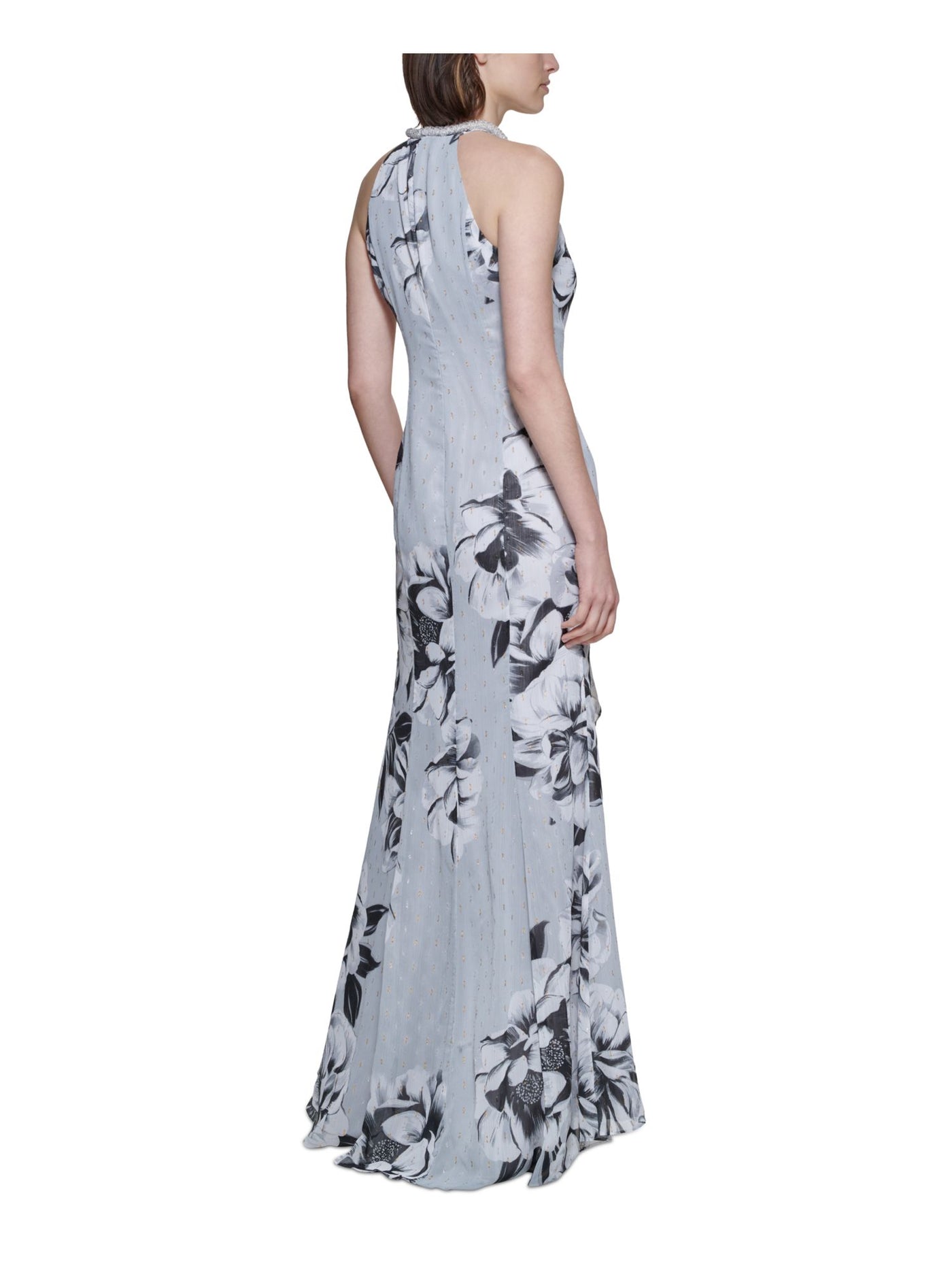 CALVIN KLEIN Womens Gray Twist Front Ruffled Tulip Hem Beaded Liined Floral Sleeveless Round Neck Full-Length Formal Gown Dress 10