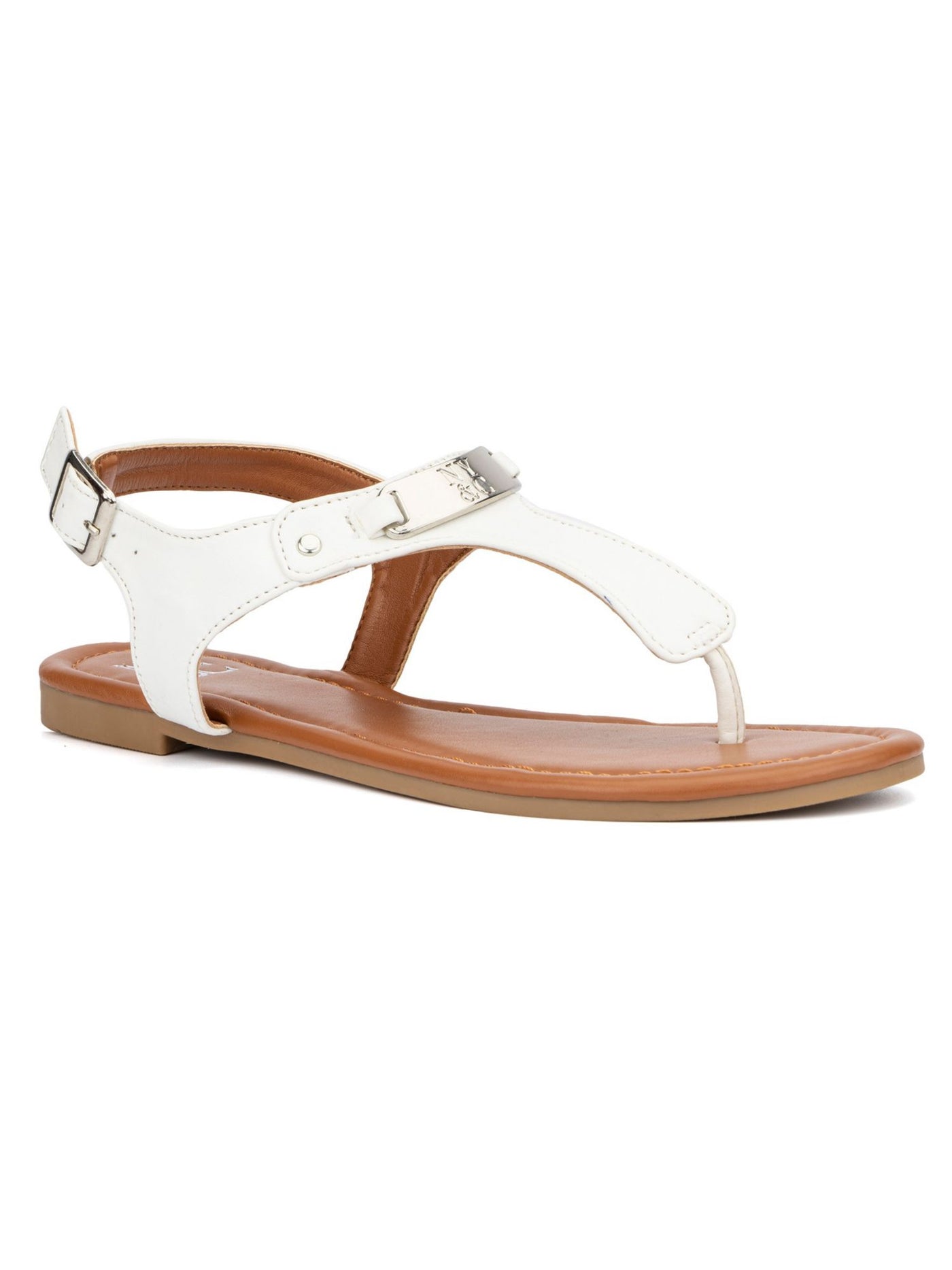 NEW YORK & CO Womens White T-Strap Padded Fiona Round Toe Buckle Thong Sandals Shoes 6.5
