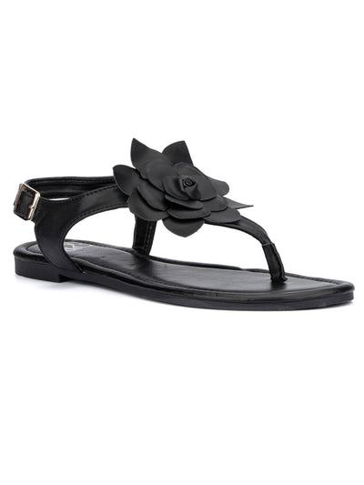 NEW YORK & CO Womens Black Flower Detail T-Strap Cushioned Aurelia Round Toe Buckle Slingback Sandal 9.5