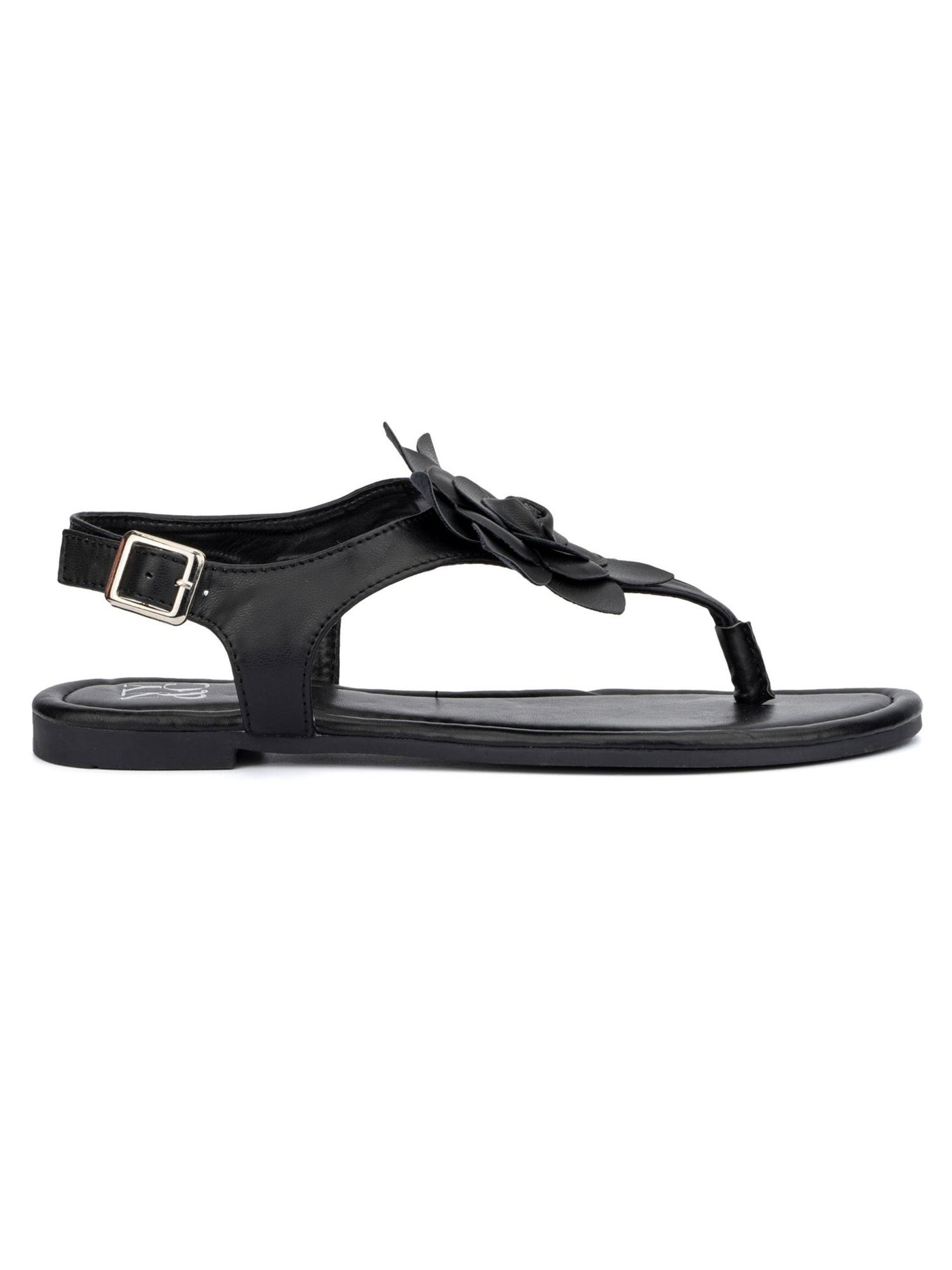 NEW YORK & CO Womens Black Flower Detail T-Strap Cushioned Aurelia Round Toe Buckle Slingback Sandal 9.5