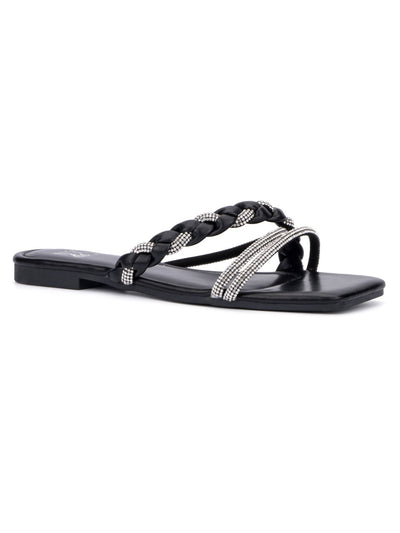 NEW YORK & CO Womens Black Padded Braided Rhinestone Alessia Square Toe Block Heel Slip On Slide Sandals Shoes 7.5