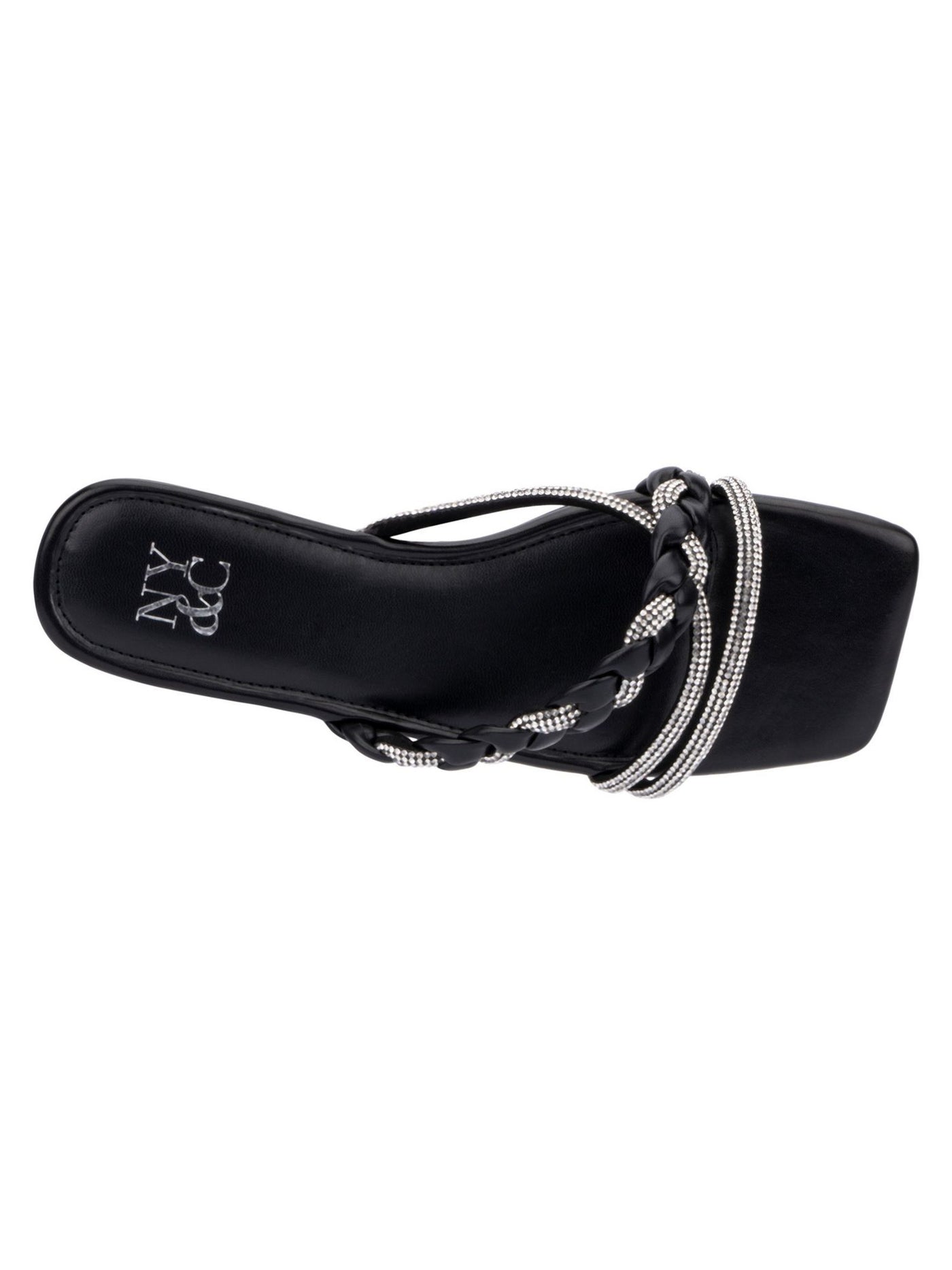 NEW YORK & CO Womens Black Padded Braided Rhinestone Alessia Square Toe Block Heel Slip On Slide Sandals Shoes 7.5