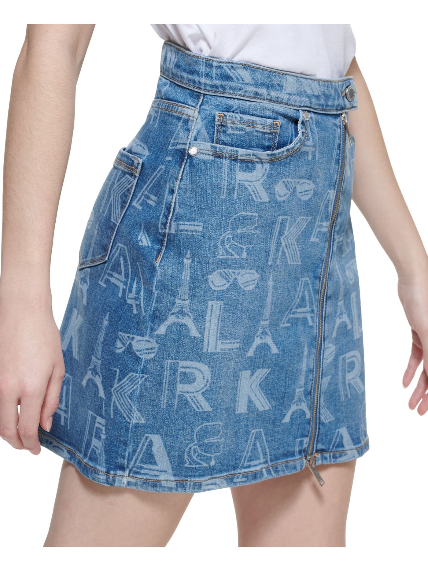 KARL LAGERFELD PARIS Womens Blue Denim Pocketed Two-way Zipper Mini A-Line Skirt 16