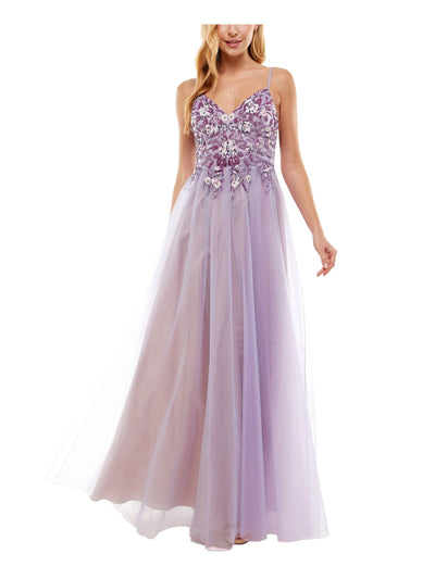 SAY YES TO THE PROM Womens Purple Sequined Beaded Adjustable Straps Zippered Lined Spaghetti Strap V Neck Full-Length Prom Gown Dress 3