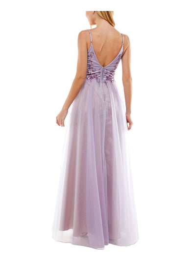 SAY YES TO THE PROM Womens Purple Sequined Beaded Adjustable Straps Zippered Lined Spaghetti Strap V Neck Full-Length Prom Gown Dress 9