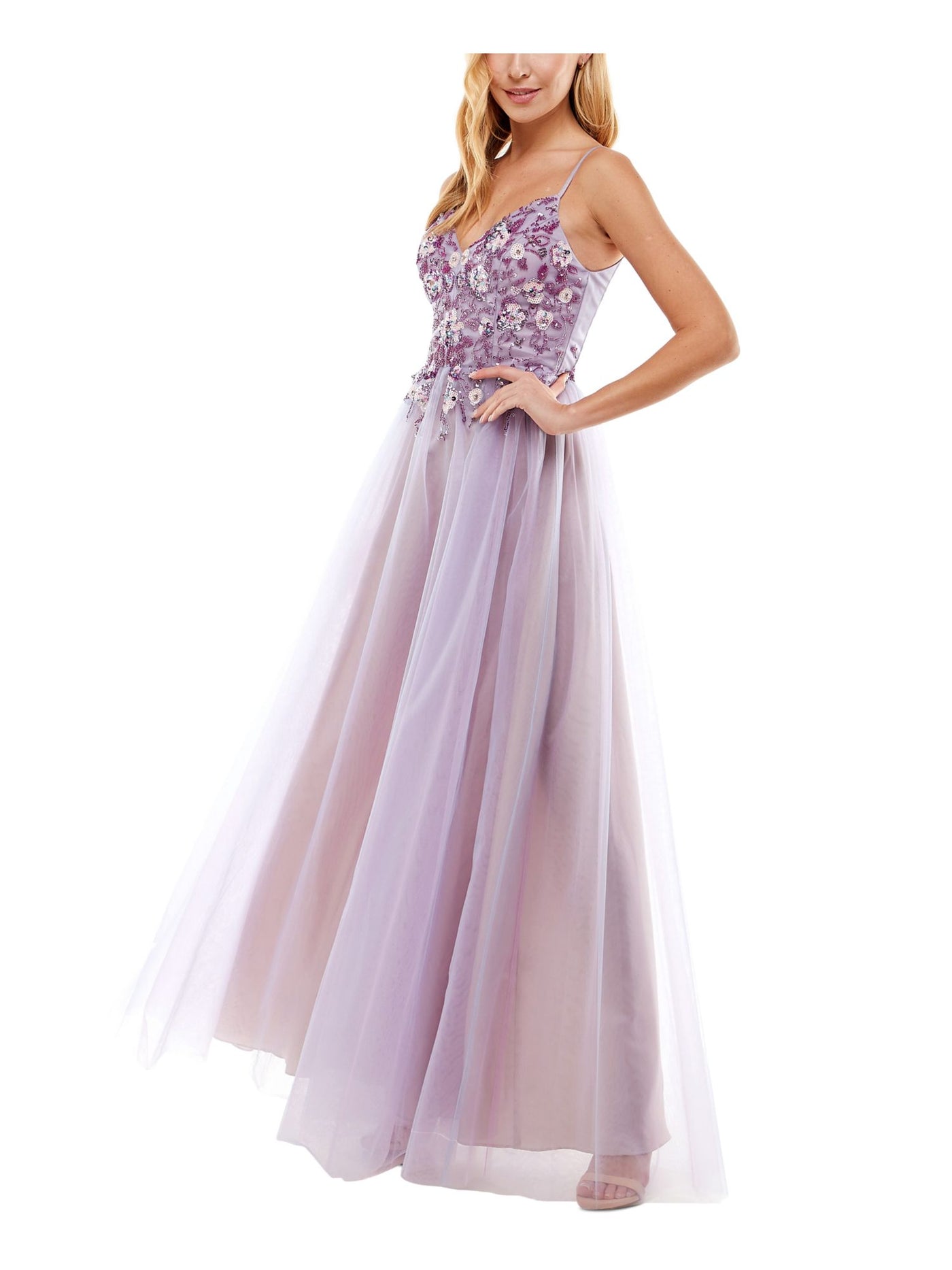 SAY YES TO THE PROM Womens Purple Sequined Beaded Adjustable Straps Zippered Lined Spaghetti Strap V Neck Full-Length Prom Gown Dress 9