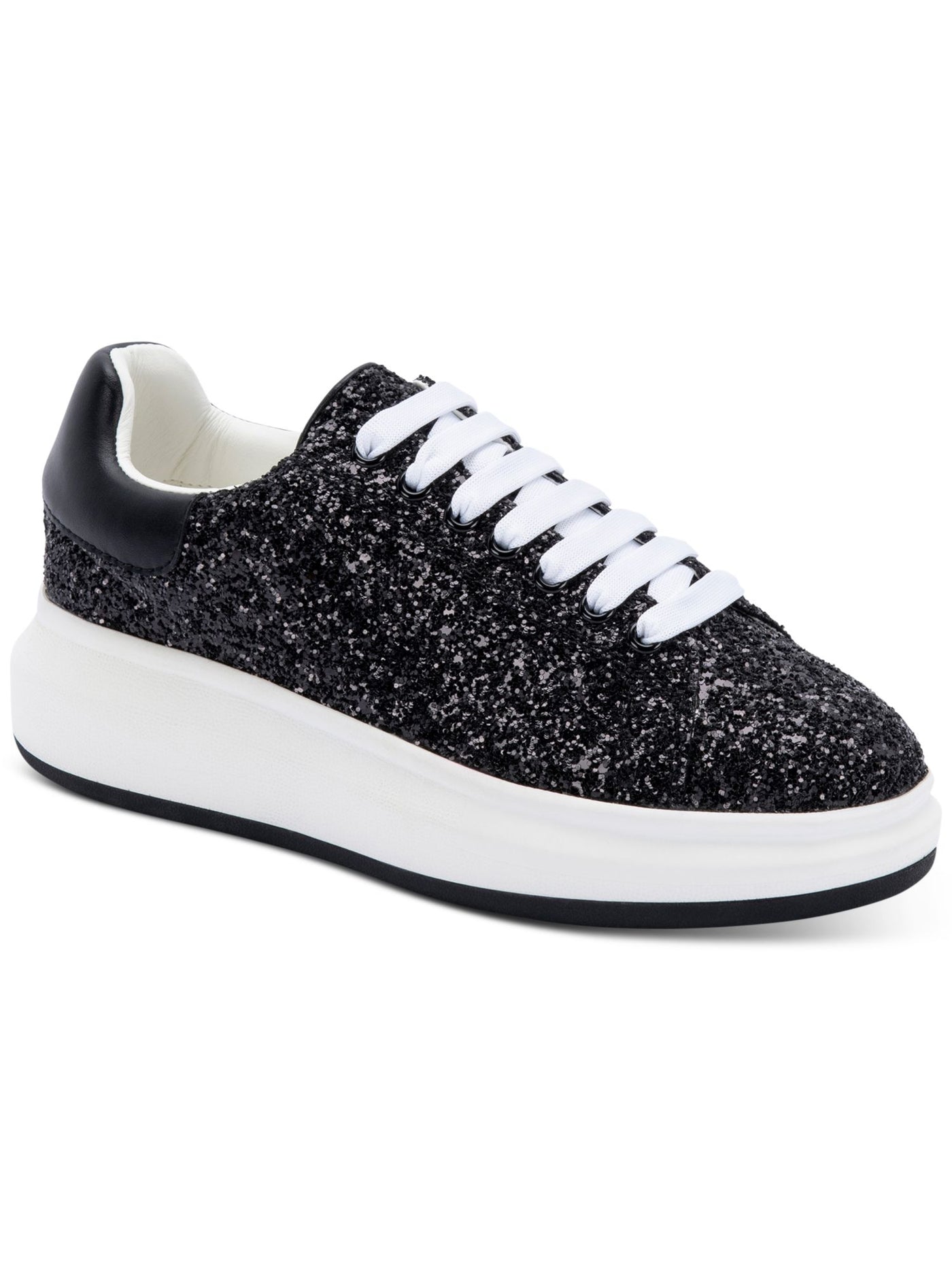 AQUA COLLEGE Womens Black Mixed Media Glitter Waterproof Darcy Round Toe Platform Lace-Up Leather Sneakers Shoes 9.5 M