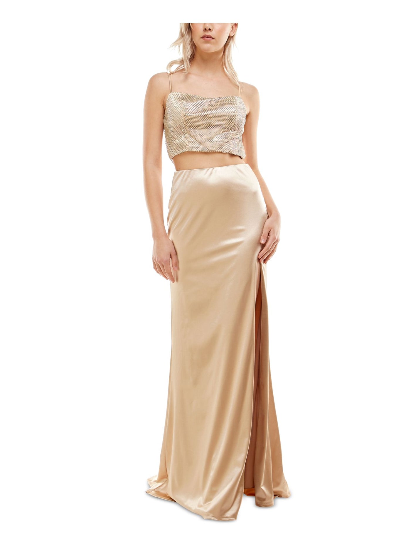B DARLIN Womens Gold Slitted Zippered Beaded Mesh Sleeveless Scoop Neck Full-Length  Gown Prom Dress Juniors 5\6