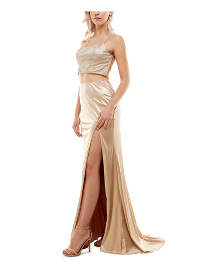 B DARLIN Womens Gold Slitted Zippered Beaded Mesh Sleeveless Scoop Neck Full-Length  Gown Prom Dress Juniors 5\6
