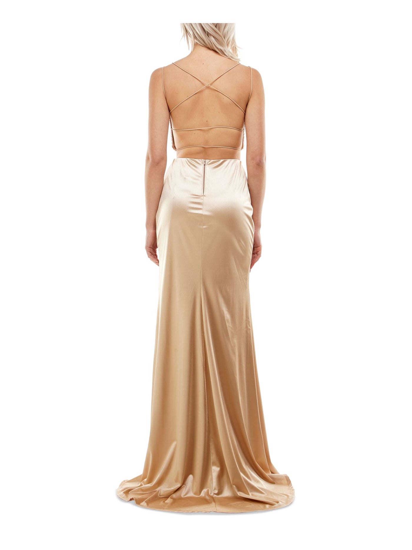 B DARLIN Womens Beige Slitted Zippered Beaded Mesh Sleeveless Scoop Neck Full-Length Gown Prom Dress 0