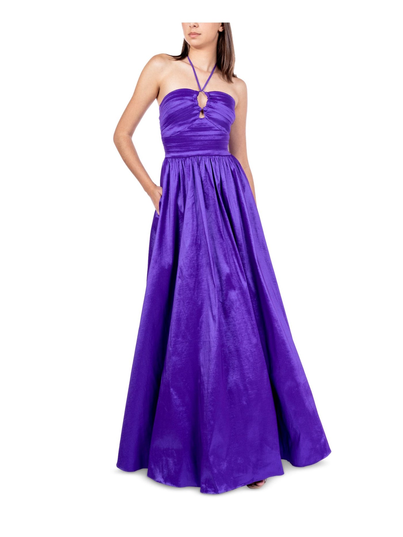 B DARLIN Womens Purple Pleated Tie Taffeta Keyhole Front Lined Sleeveless Halter Prom Gown Dress Juniors 3\4