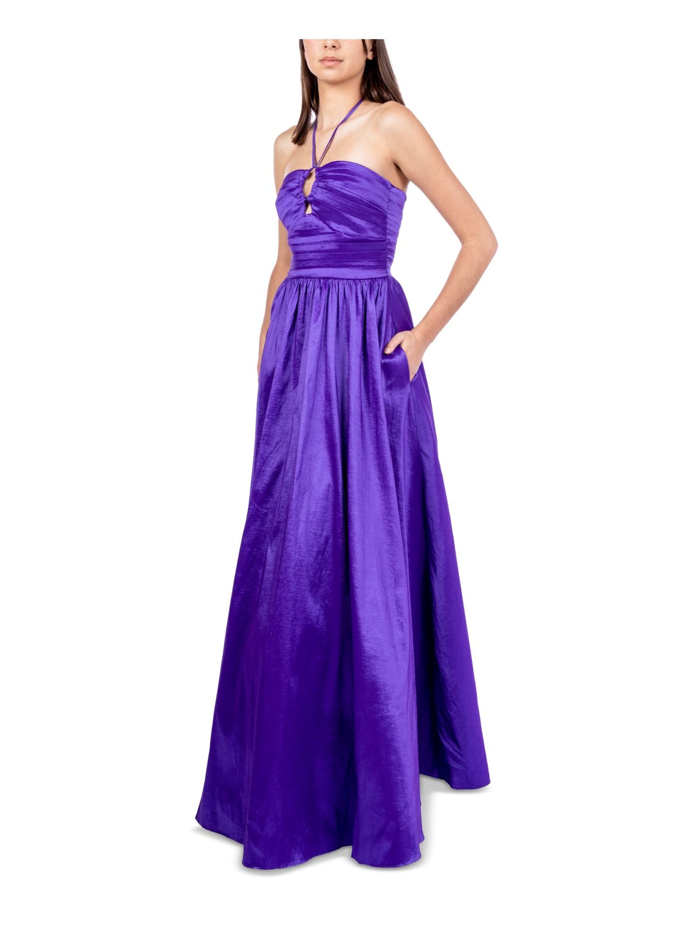 B DARLIN Womens Purple Pleated Tie Taffeta Keyhole Front Lined Sleeveless Halter Prom Gown Dress 0