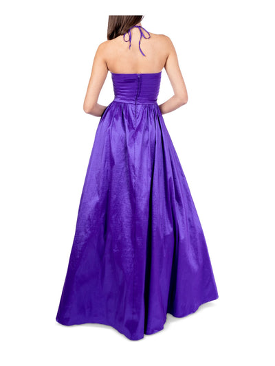 B DARLIN Womens Purple Pleated Tie Taffeta Keyhole Front Lined Sleeveless Halter Prom Gown Dress 1\2