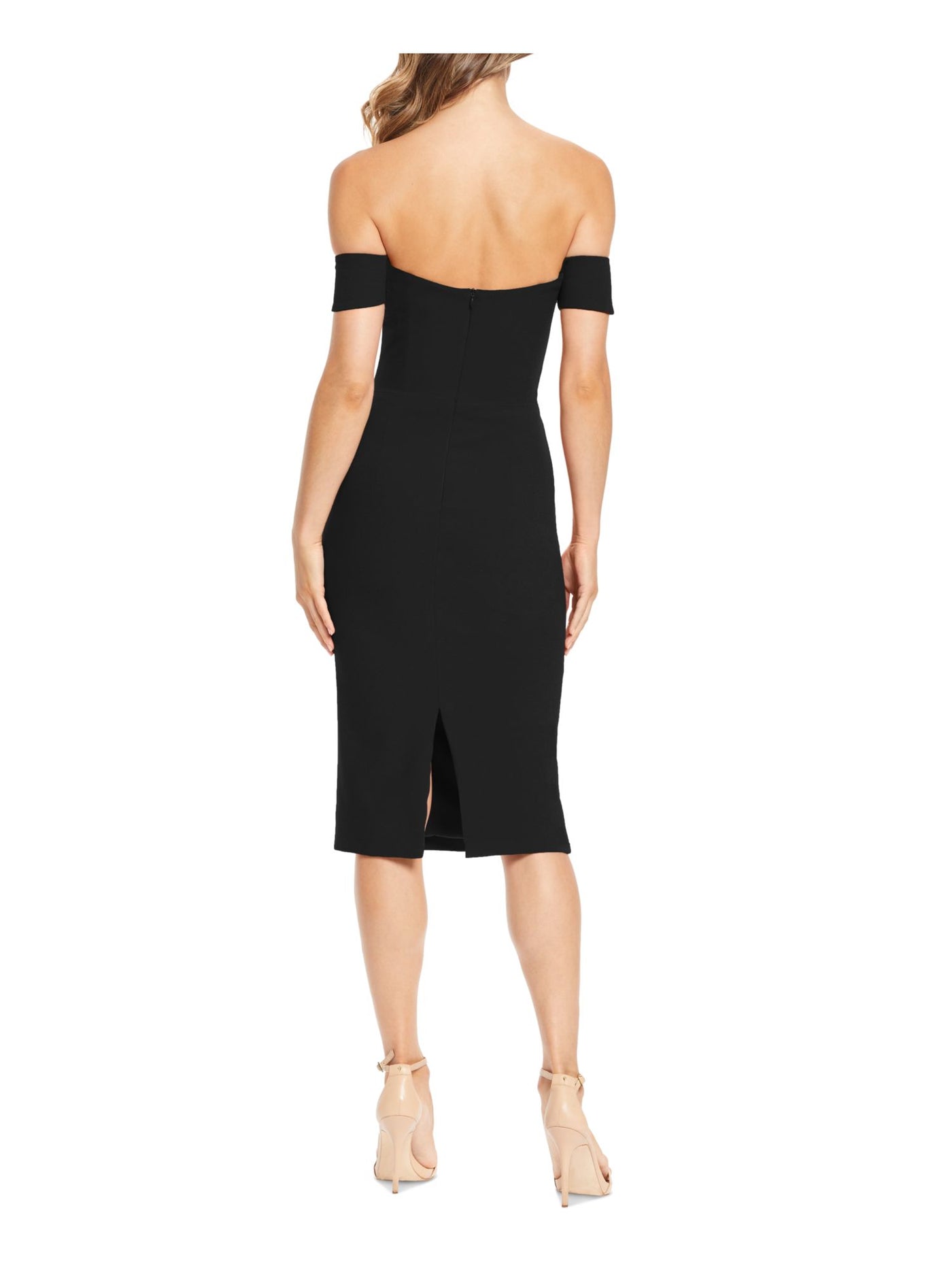 DRESS THE POPULATION Womens Black Zippered Slitted Boned Bodice Back Lined Short Sleeve Off Shoulder Below The Knee Evening Body Con Dress L
