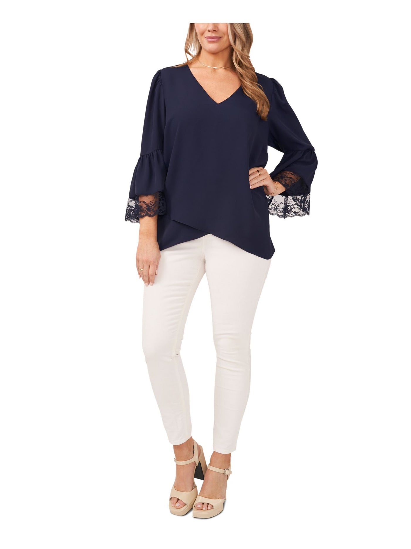 VINCE CAMUTO Womens Navy Lace Cross Front Hi-Lo Hem Bell Sleeve V Neck Wear To Work Top XS