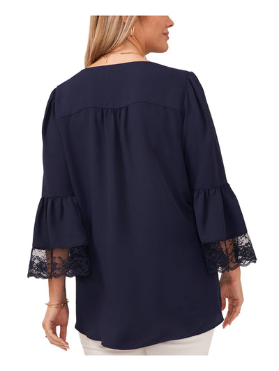 VINCE CAMUTO Womens Navy Lace Cross Front Hi-Lo Hem Bell Sleeve V Neck Wear To Work Top XS