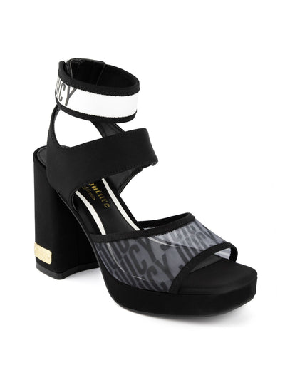JUICY COUTURE Womens Black Mixed Media Logo Hardware On Heel Ankle Strap Cushioned Graciela Square Toe Block Heel Heeled Sandal 10
