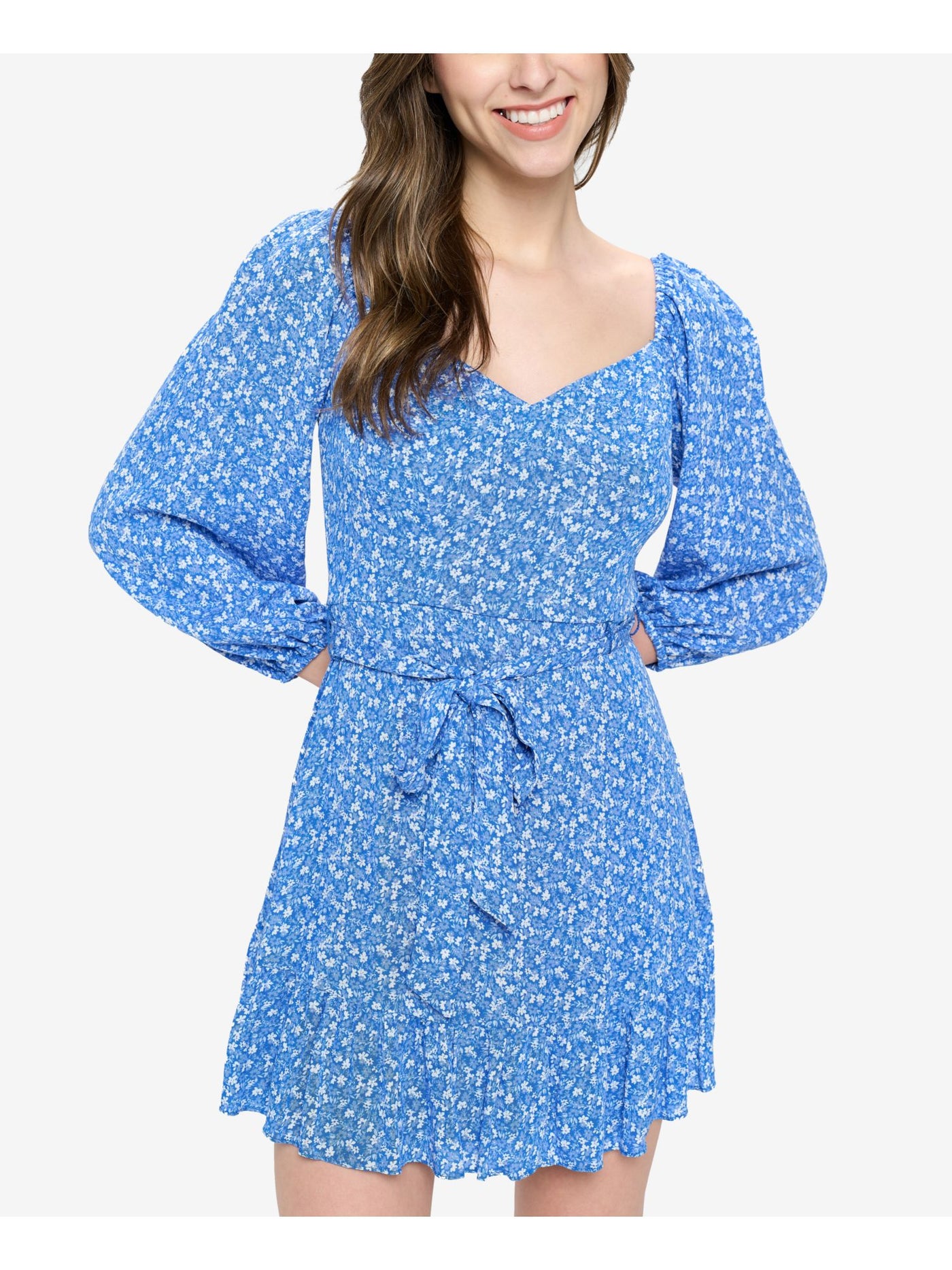 B DARLIN Womens Blue Belted Zippered Lined Floral 3/4 Sleeve Sweetheart Neckline Short Fit + Flare Dress 15\16